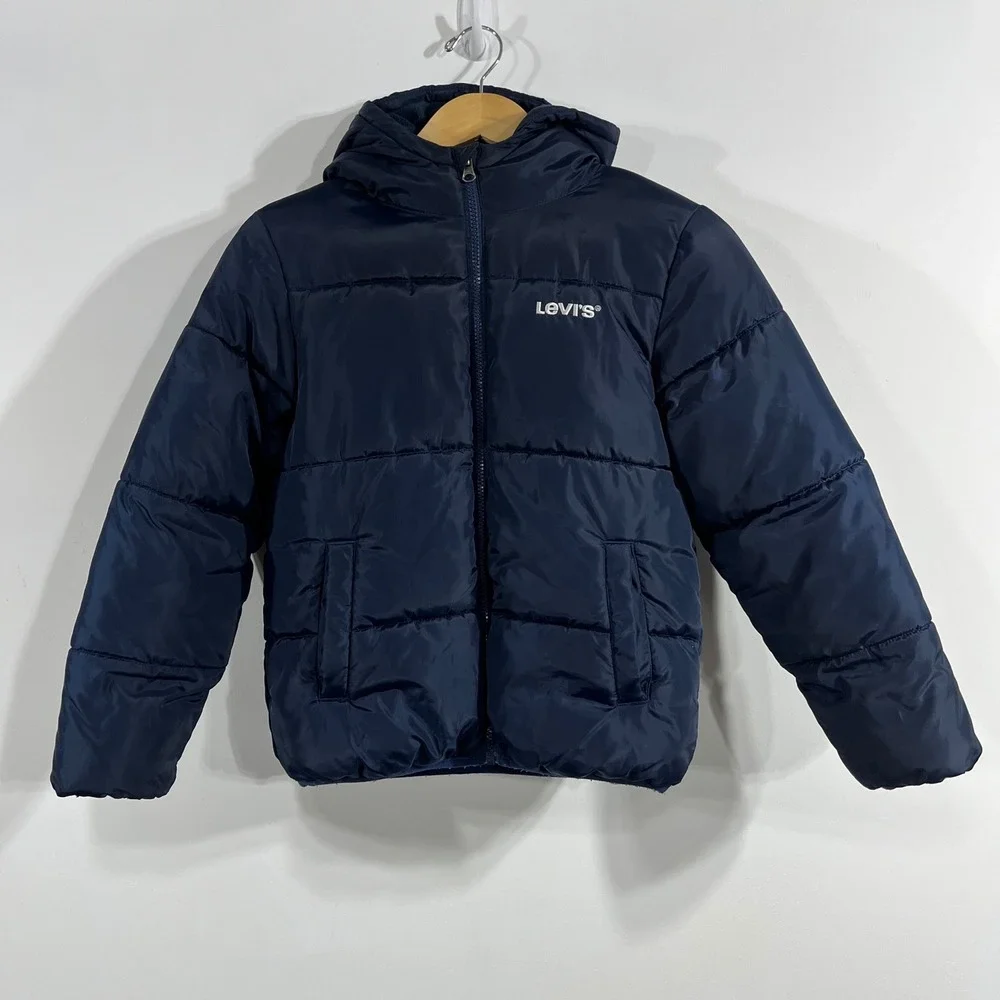 Levis Kids Navy Hooded Puffer Jacket Fleece Lined Size Medium 10 12 Outdoors